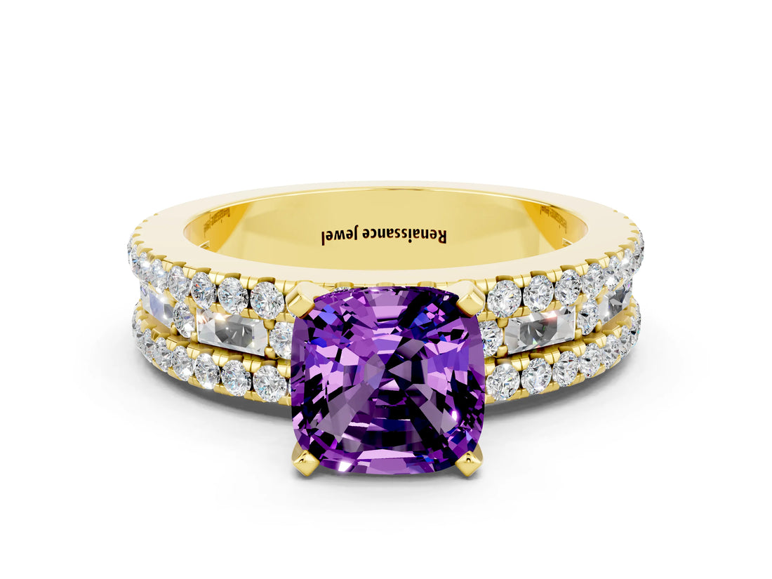 Yellow gold Cushion Cut Amethyst Solitaire Ring with Pavé and Channel Set Band