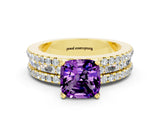 Yellow gold Cushion Cut Amethyst Solitaire Ring with Pavé and Channel Set Band