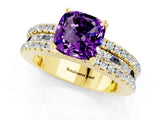 Yellow gold Cushion Cut Amethyst Solitaire Ring with Pavé and Channel Set Band_1
