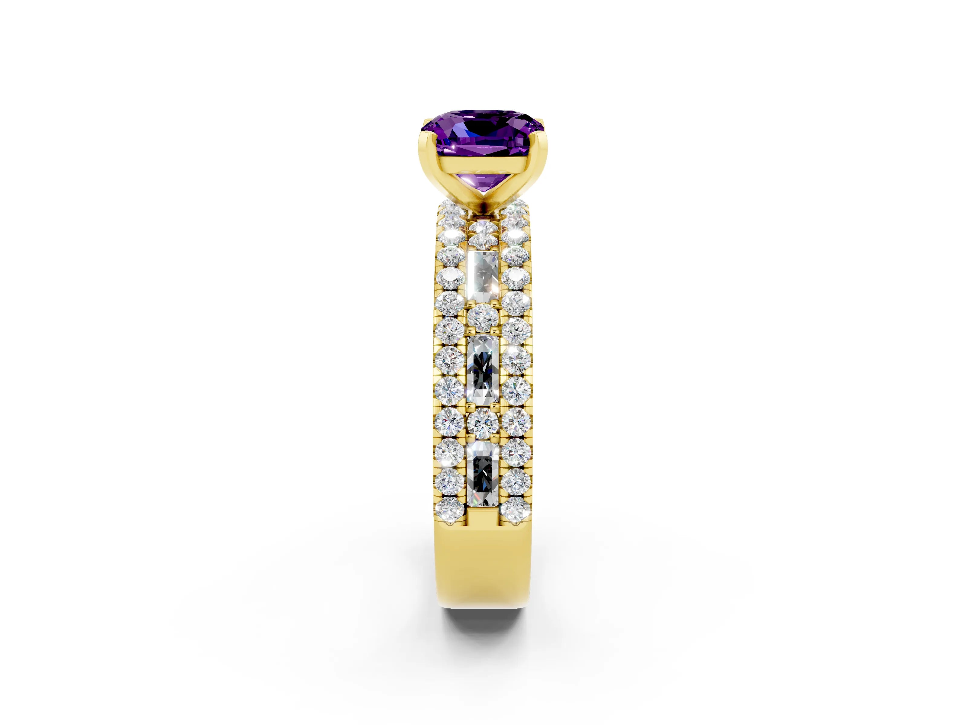 Yellow gold Cushion Cut Amethyst Solitaire Ring with Pavé and Channel Set Band_2