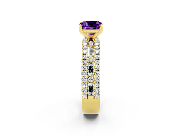 Yellow gold Cushion Cut Amethyst Solitaire Ring with Pavé and Channel Set Band