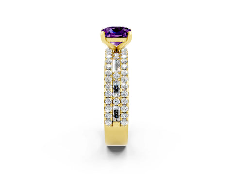 Yellow gold Cushion Cut Amethyst Solitaire Ring with Pavé and Channel Set Band_2