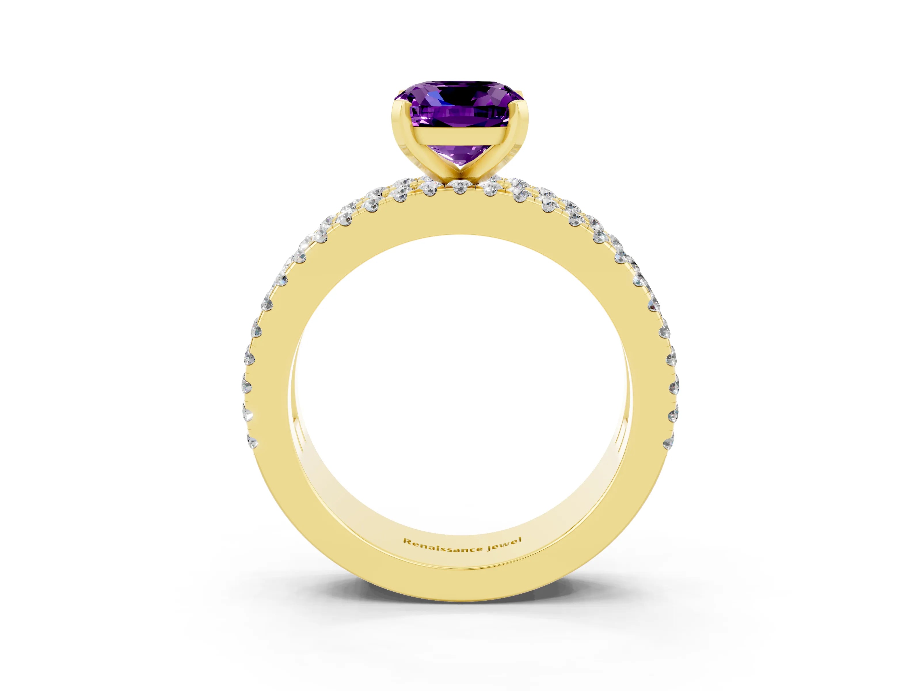 Yellow gold Cushion Cut Amethyst Solitaire Ring with Pavé and Channel Set Band_3
