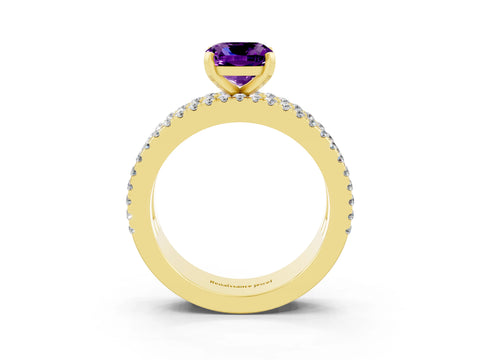 Yellow gold Cushion Cut Amethyst Solitaire Ring with Pavé and Channel Set Band_3