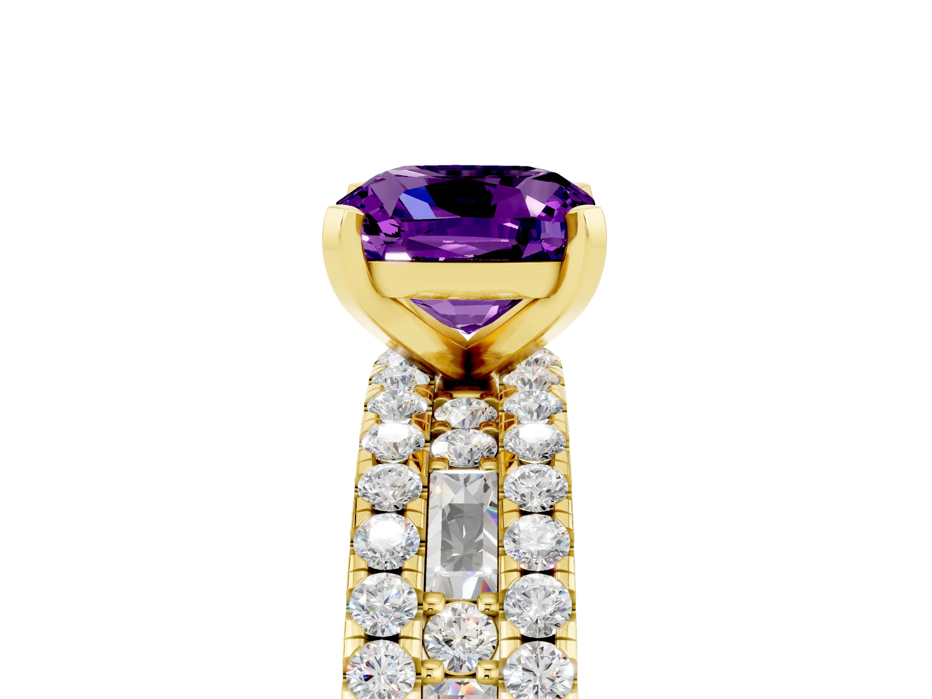 Yellow gold Cushion Cut Amethyst Solitaire Ring with Pavé and Channel Set Band_5