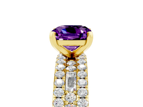 Yellow gold Cushion Cut Amethyst Solitaire Ring with Pavé and Channel Set Band_5