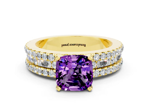 Yellow gold Cushion Cut Amethyst Solitaire Ring with Pavé and Channel Set Band