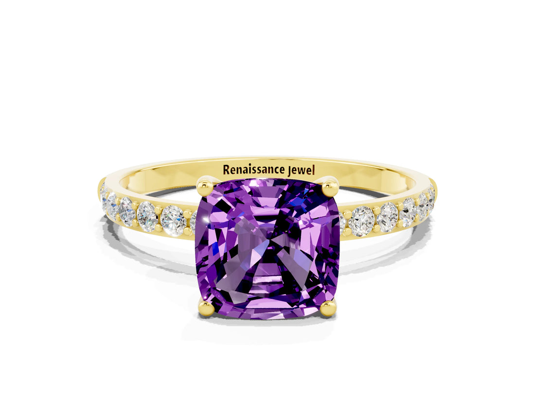 Yellow gold Cushion Cut Amethyst Solitaire Ring with Pave Band and Four Prong Setting_12