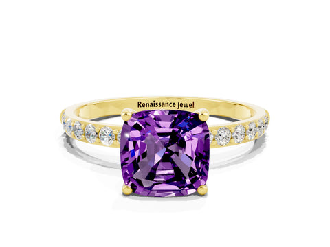 Yellow gold Cushion Cut Amethyst Solitaire Ring with Pave Band and Four Prong Setting_12