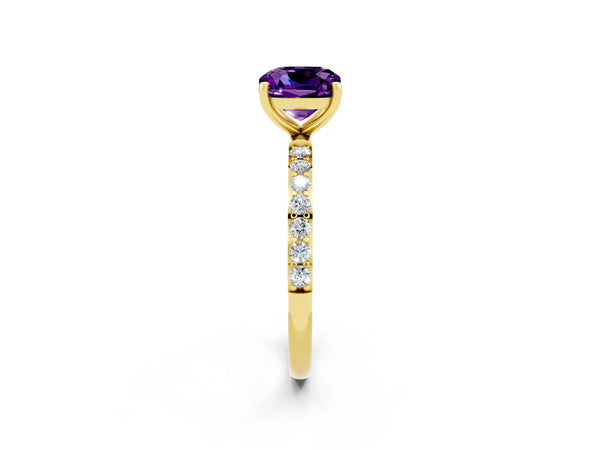 Yellow gold Cushion Cut Amethyst Solitaire Ring with Round  Pavé Band and Prong Setting