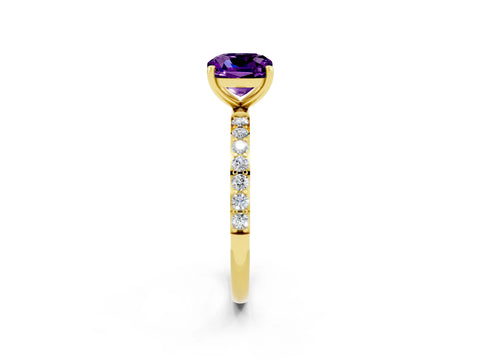 Yellow gold Cushion Cut Amethyst Solitaire Ring with Pave Band and Four Prong Setting_14