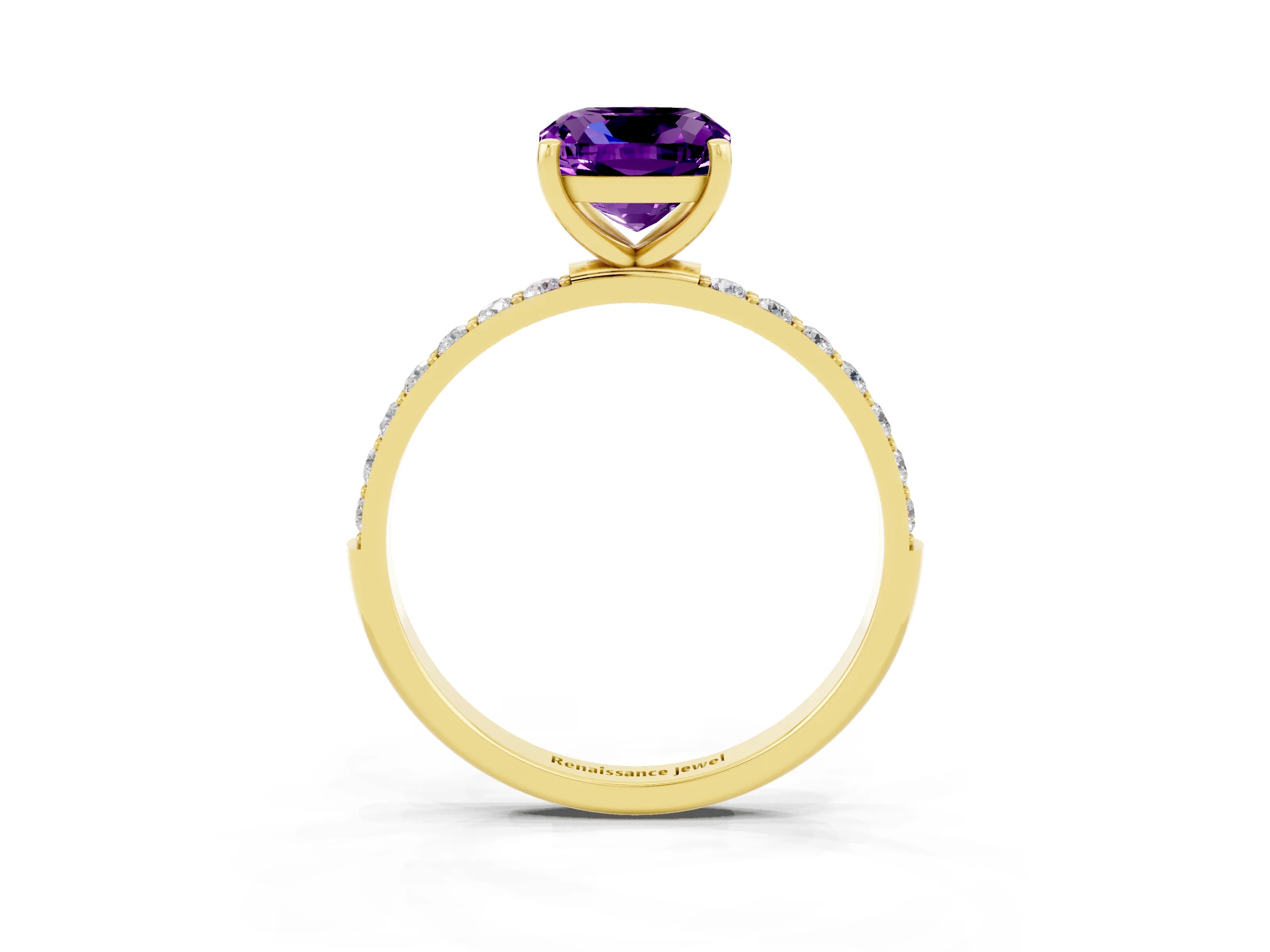 Yellow gold Cushion Cut Amethyst Solitaire Ring with Pave Band and Four Prong Setting_15