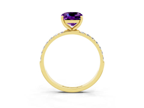 Yellow gold Cushion Cut Amethyst Solitaire Ring with Pave Band and Four Prong Setting_15