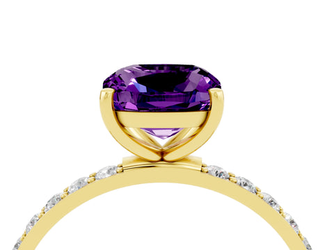 Yellow gold Cushion Cut Amethyst Solitaire Ring with Pave Band and Four Prong Setting_16