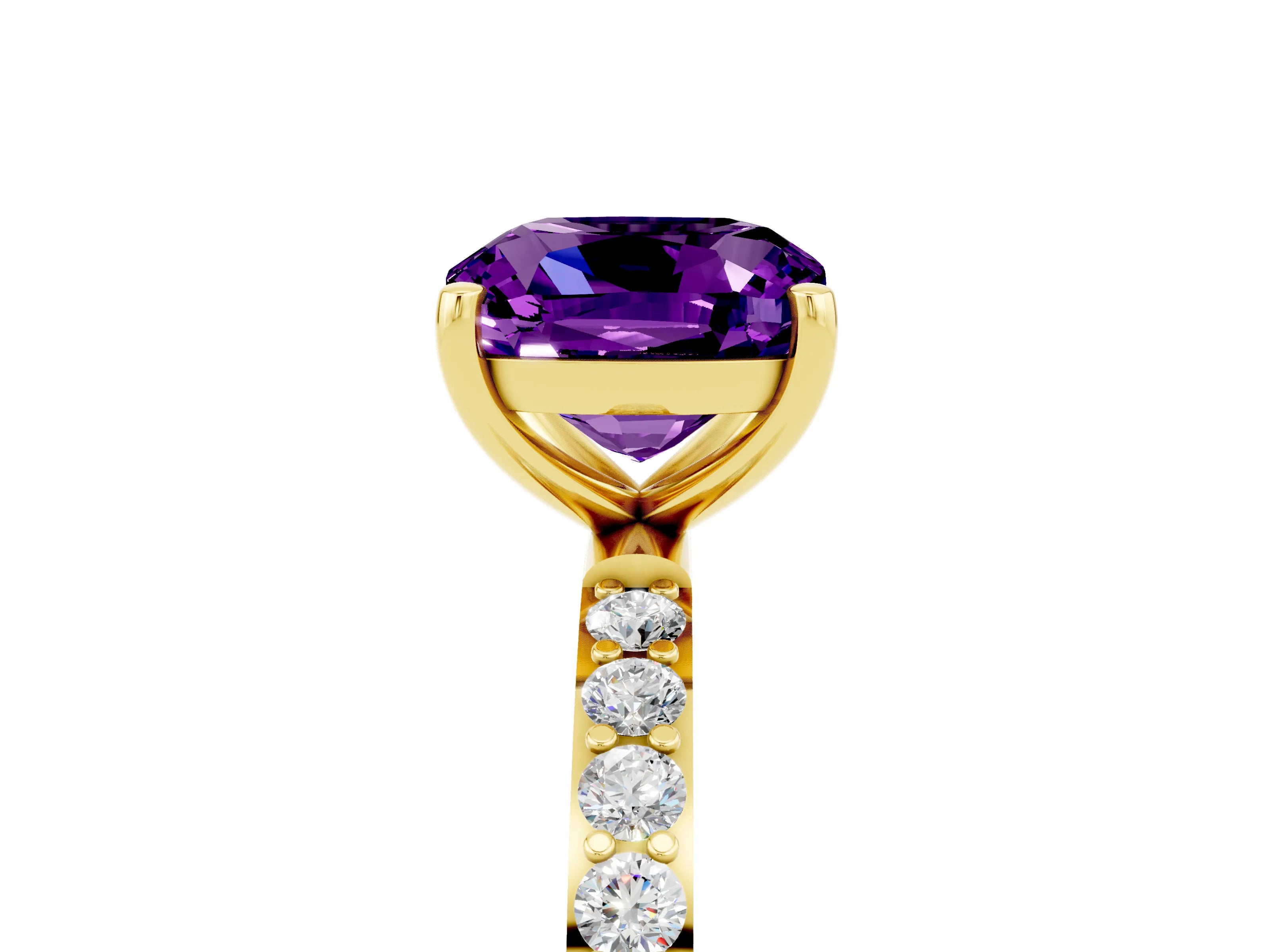 Yellow gold Cushion Cut Amethyst Solitaire Ring with Pave Band and Four Prong Setting_17