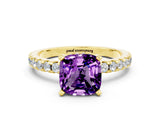 Yellow gold Cushion Cut Amethyst Solitaire Ring with Round  Pavé Band and Four-Prong Setting_36