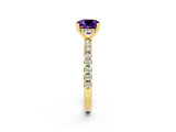 Yellow gold Cushion Cut Amethyst Solitaire Ring with Round  Pavé Band and Four-Prong Setting_38