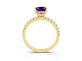 Yellow gold Cushion Cut Amethyst Solitaire Ring with Round  Pavé Band and Four-Prong Setting_39