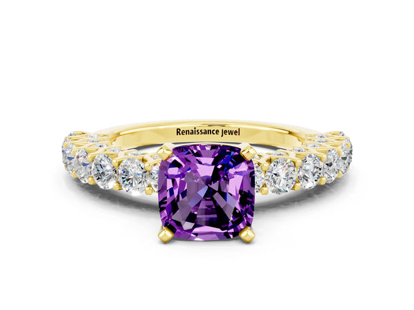 Yellow gold Cushion Cut Amethyst Solitaire Ring with Shared Prong Pavé Band and Four-Prong Setting