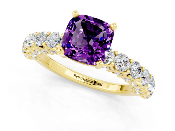 Yellow gold Cushion Cut Amethyst Solitaire Ring with Shared Prong Pavé Band and Four-Prong Setting