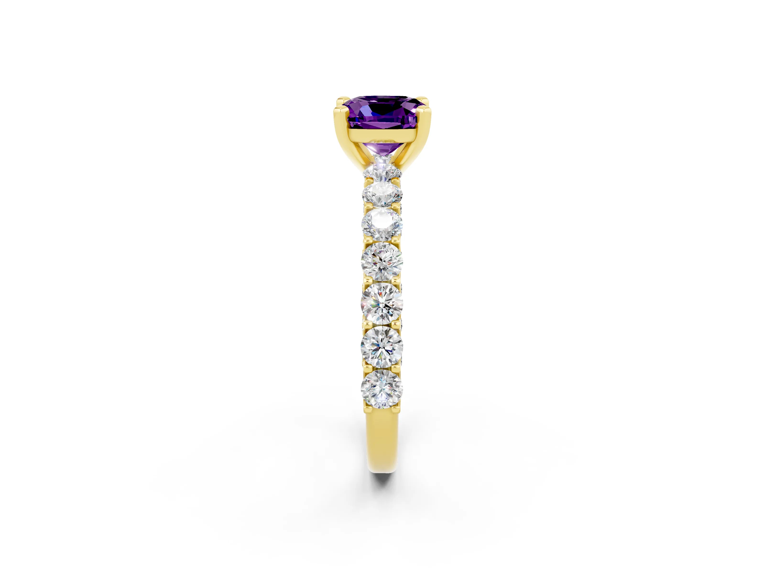 Yellow gold Cushion Cut Amethyst Solitaire Ring with Shared Prong Pavé Band and Four-Prong Setting_2