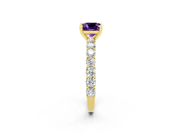 Yellow gold Cushion Cut Amethyst Solitaire Ring with Shared Prong Pavé Band and Four-Prong Setting