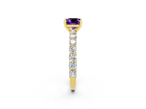 Yellow gold Cushion Cut Amethyst Solitaire Ring with Shared Prong Pavé Band and Four-Prong Setting_2