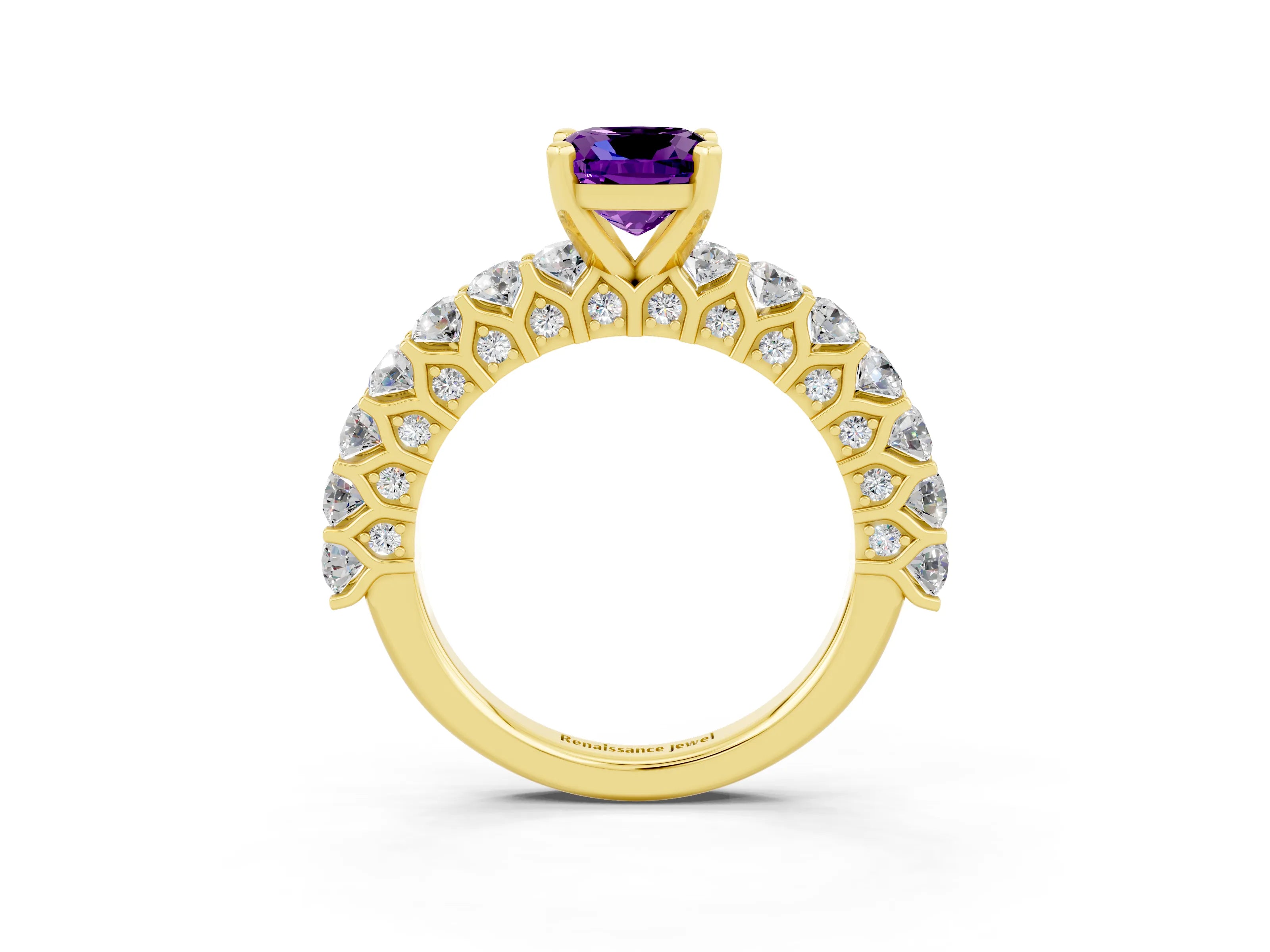 Yellow gold Cushion Cut Amethyst Solitaire Ring with Shared Prong Pavé Band and Four-Prong Setting_3