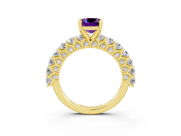Yellow gold Cushion Cut Amethyst Solitaire Ring with Shared Prong Pavé Band and Four-Prong Setting