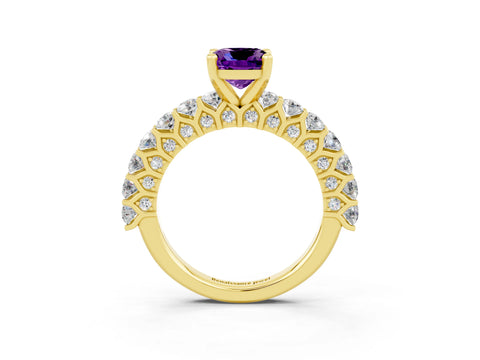 Yellow gold Cushion Cut Amethyst Solitaire Ring with Shared Prong Pavé Band and Four-Prong Setting_3