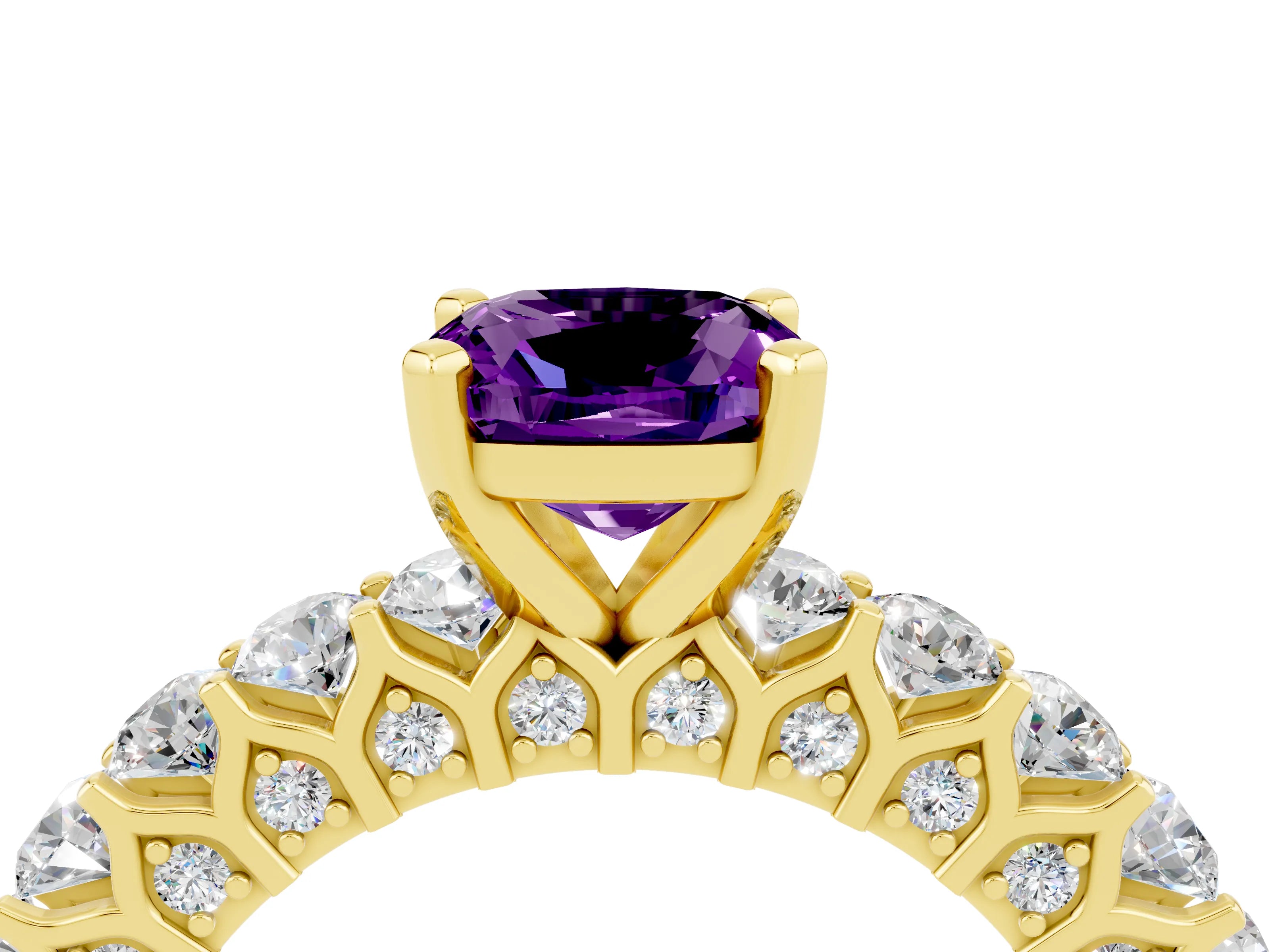 Yellow gold Cushion Cut Amethyst Solitaire Ring with Shared Prong Pavé Band and Four-Prong Setting_4