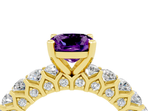 Yellow gold Cushion Cut Amethyst Solitaire Ring with Shared Prong Pavé Band and Four-Prong Setting_4