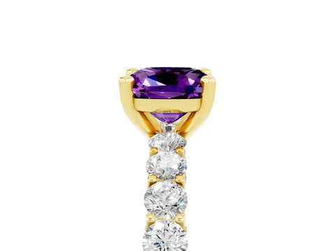 Yellow gold Cushion Cut Amethyst Solitaire Ring with Shared Prong Pavé Band and Four-Prong Setting_5