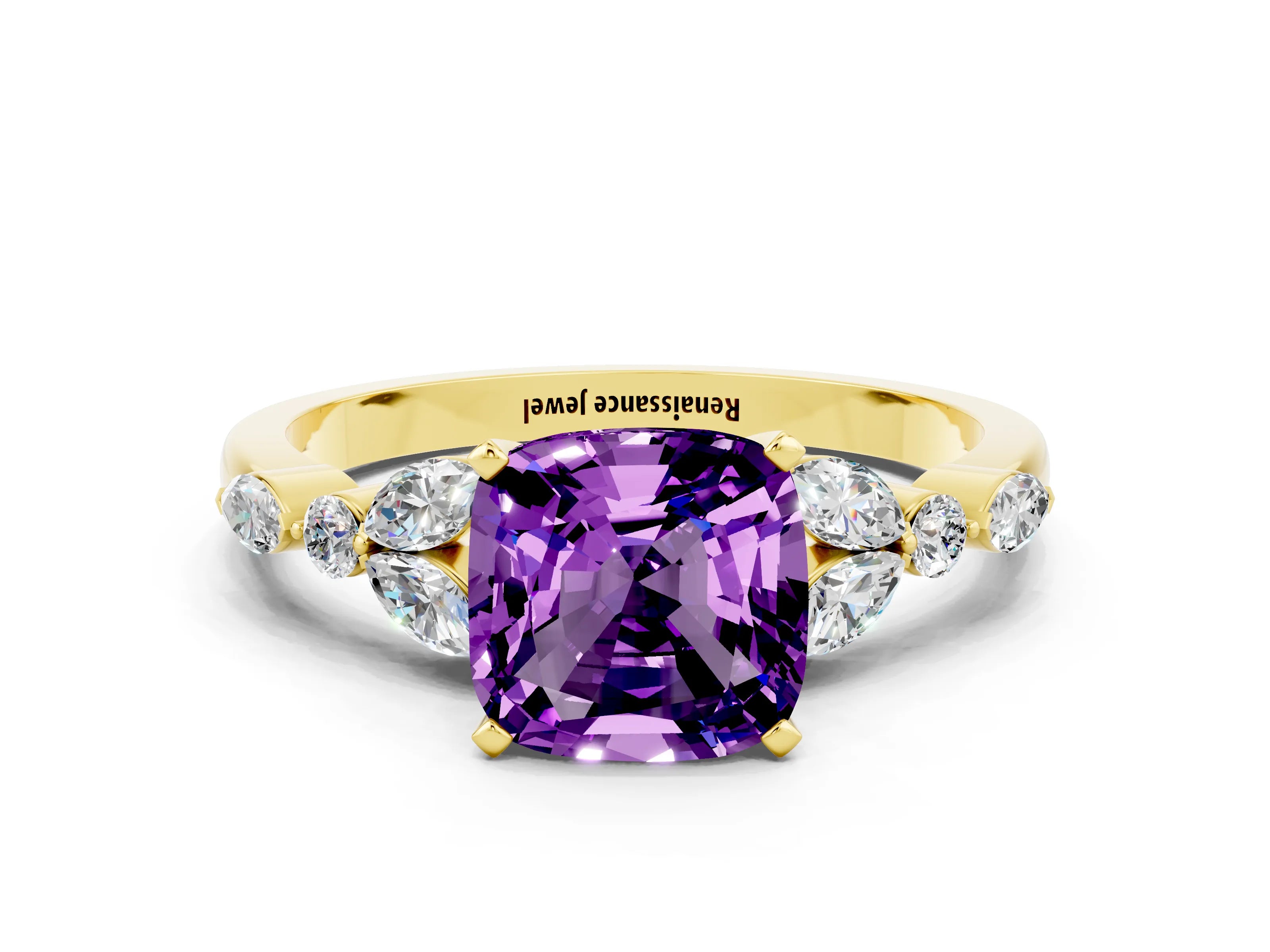 Yellow gold Cushion Cut Amethyst Solitaire Ring with Side Stones and Four-Prong Setting_12