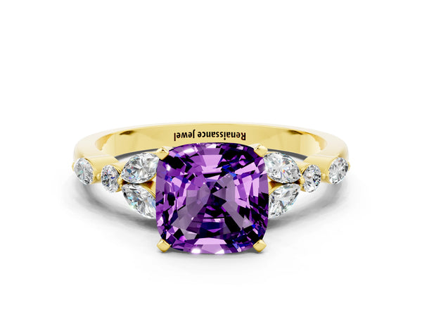 Yellow gold Cushion Cut Amethyst Solitaire Ring with Side Stones and Four-Prong Setting