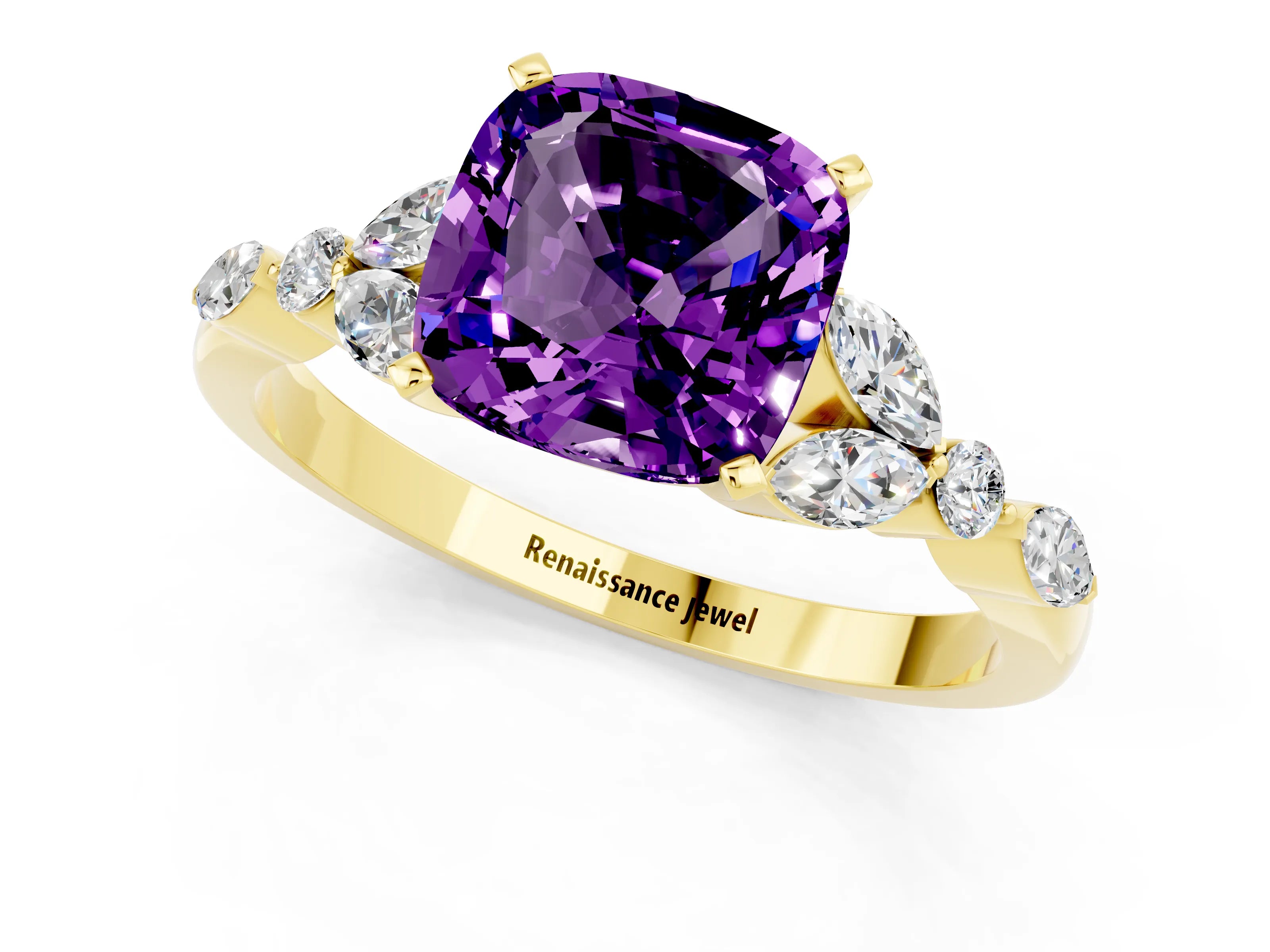 Yellow gold Cushion Cut Amethyst Solitaire Ring with Side Stones and Four-Prong Setting_13