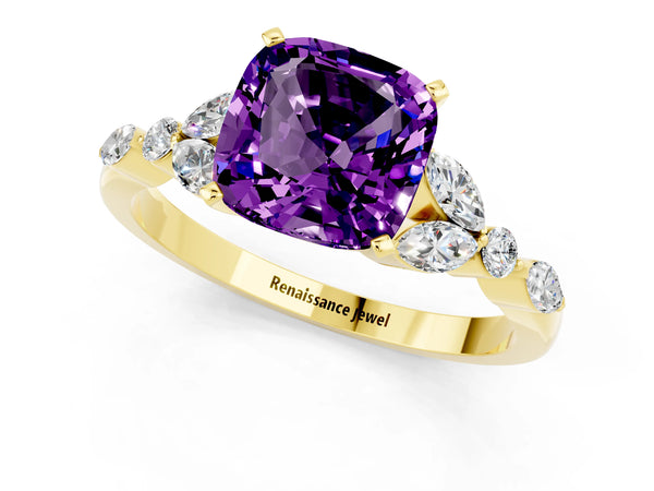 Yellow gold Cushion Cut Amethyst Solitaire Ring with Side Stones and Four-Prong Setting