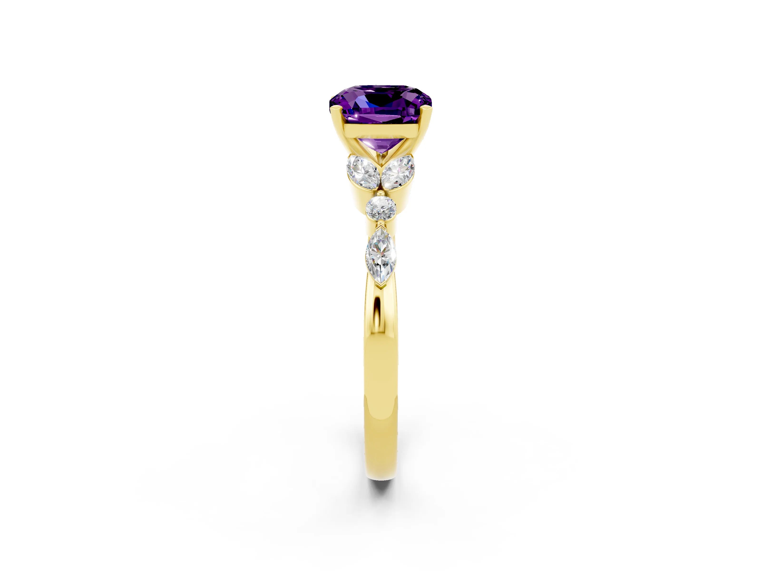 Yellow gold Cushion Cut Amethyst Solitaire Ring with Side Stones and Four-Prong Setting_14