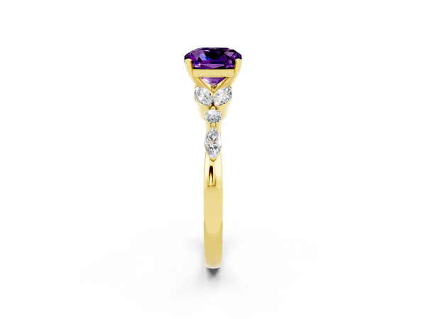Yellow gold Cushion Cut Amethyst Solitaire Ring with Side Stones and Four-Prong Setting