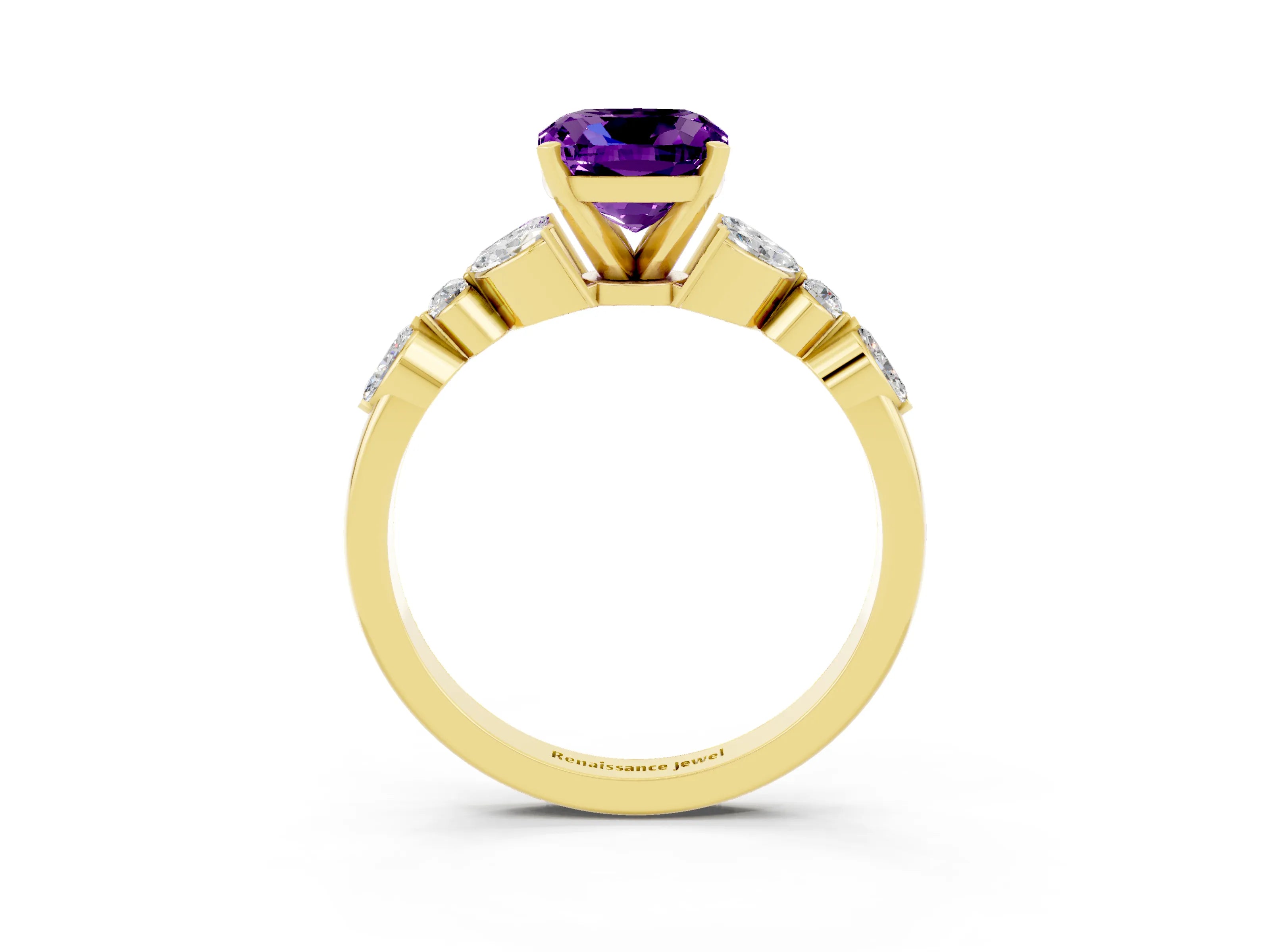 Yellow gold Cushion Cut Amethyst Solitaire Ring with Side Stones and Four-Prong Setting_15
