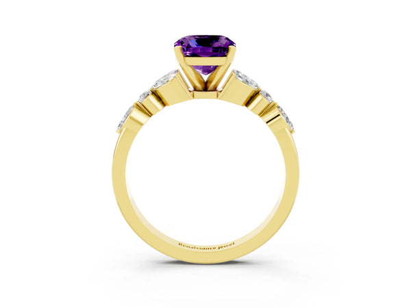 Yellow gold Cushion Cut Amethyst Solitaire Ring with Side Stones and Four-Prong Setting