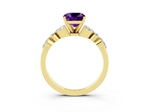 Yellow gold Cushion Cut Amethyst Solitaire Ring with Side Stones and Four-Prong Setting_15
