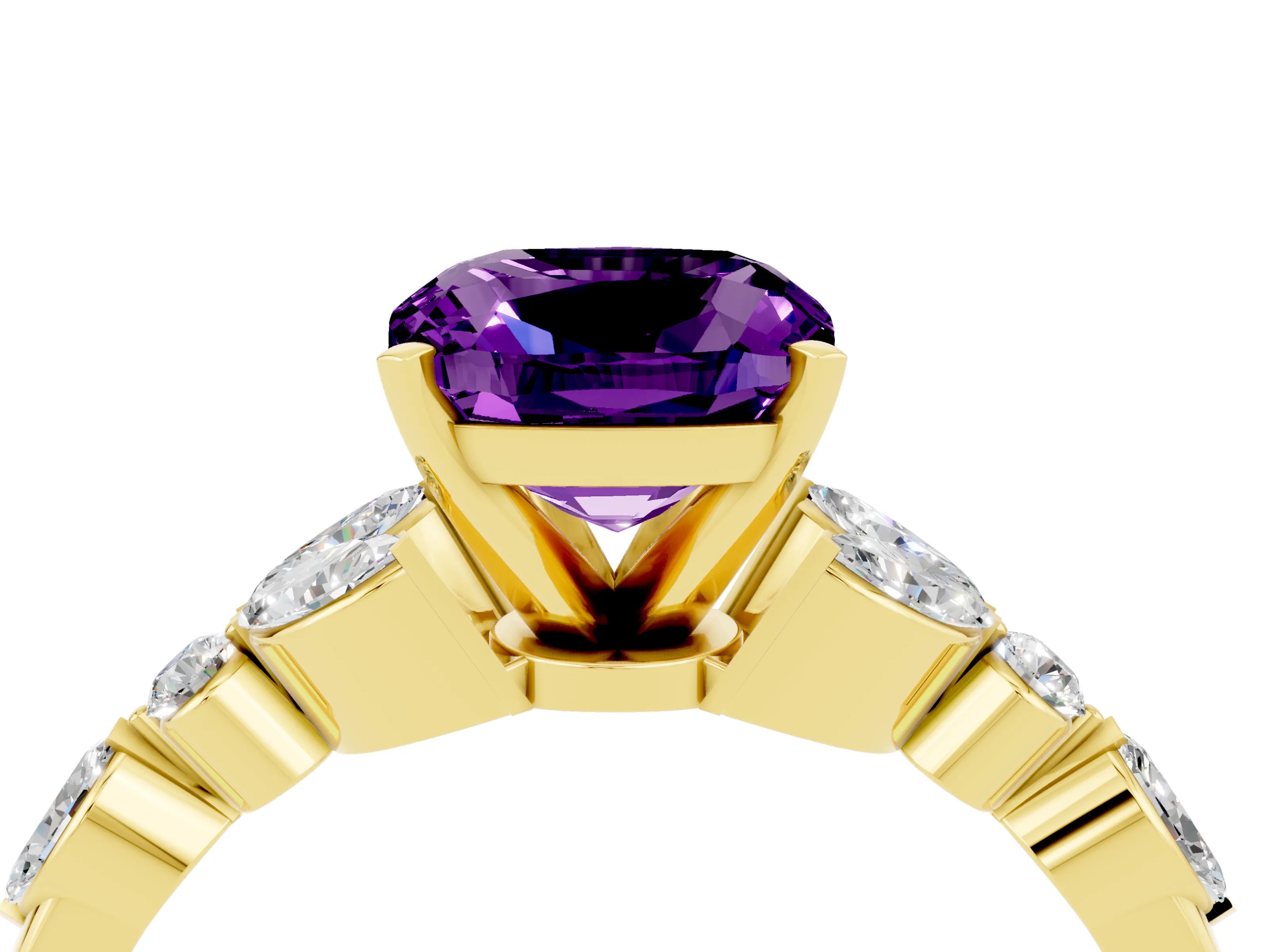 Yellow gold Cushion Cut Amethyst Solitaire Ring with Side Stones and Four-Prong Setting_16