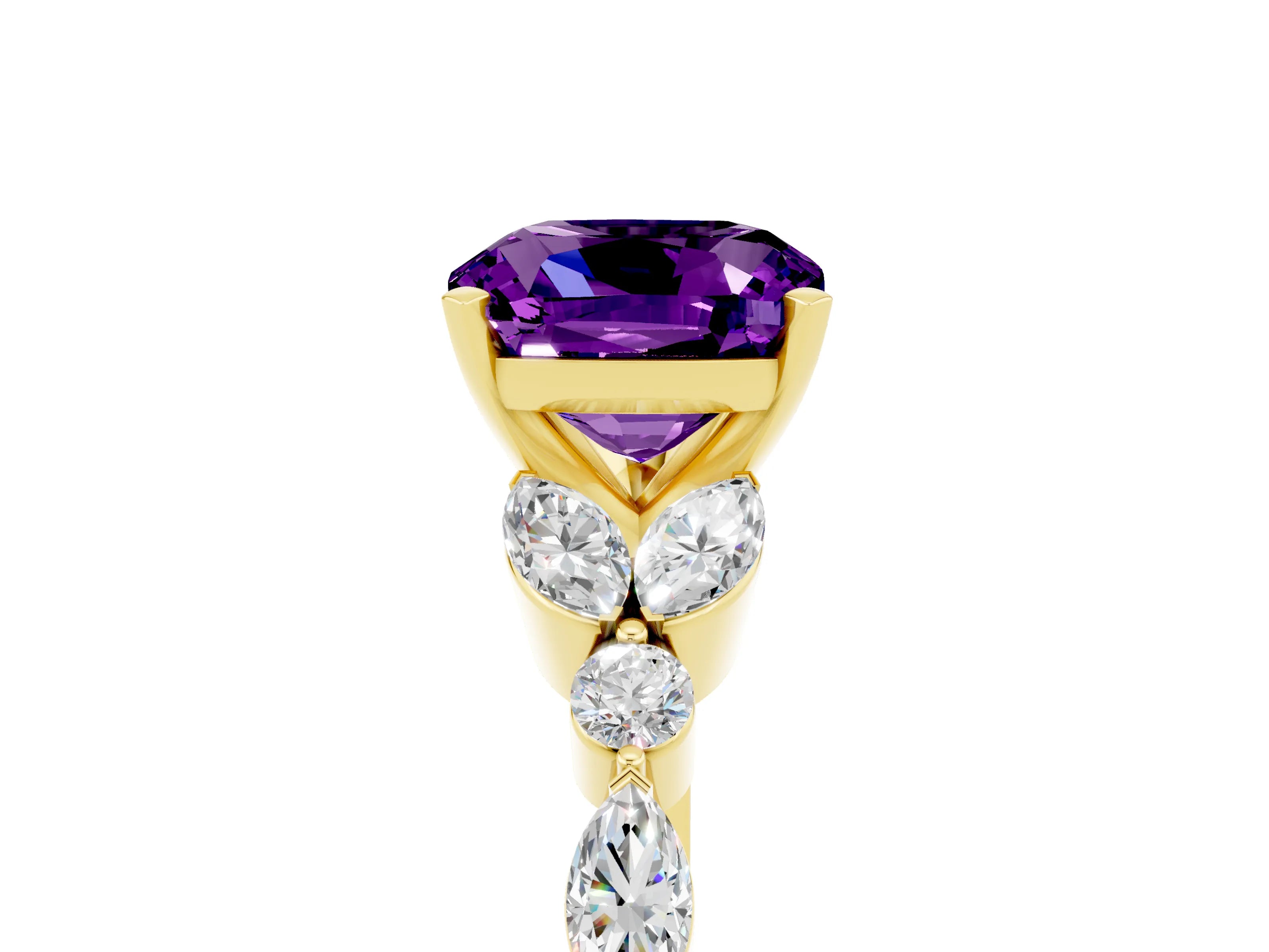 Yellow gold Cushion Cut Amethyst Solitaire Ring with Side Stones and Four-Prong Setting_17