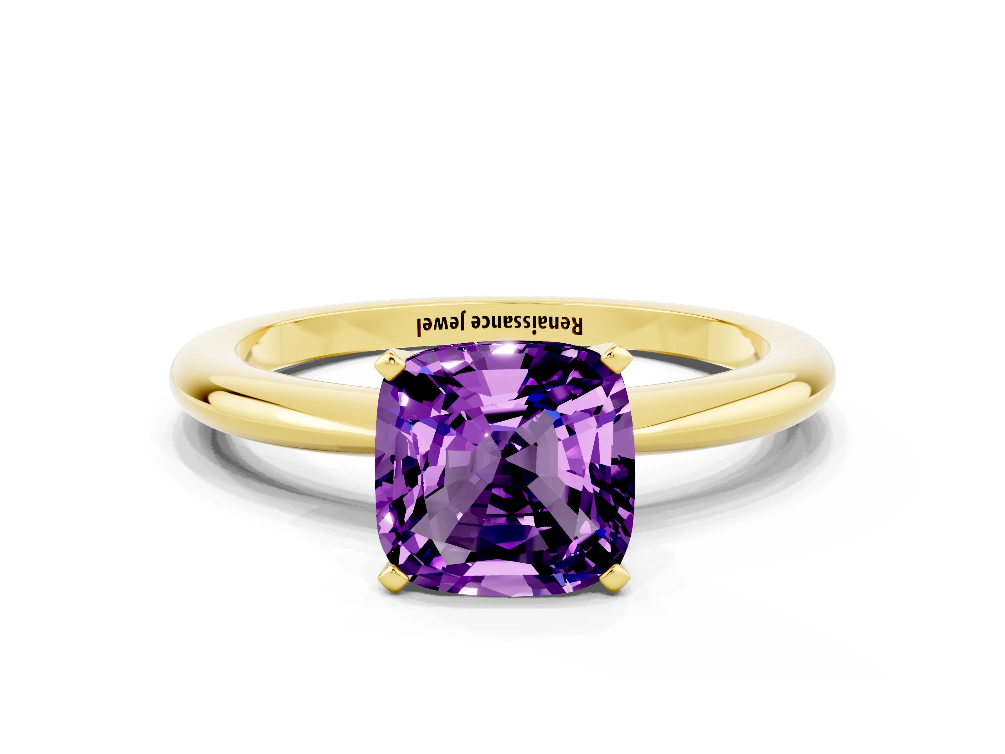 Yellow gold Cushion Cut Amethyst Solitaire Ring with Six-Prong Setting and Classic Band