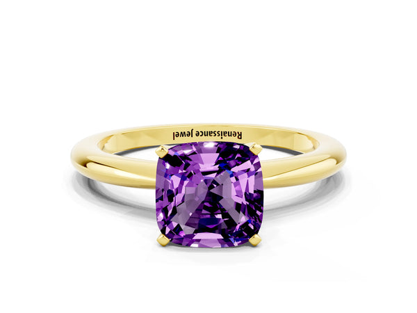 Yellow gold Cushion Cut Amethyst Solitaire Ring with Six-Prong Setting and Classic Band