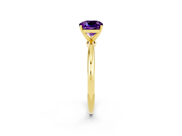 Yellow gold Cushion Cut Amethyst Solitaire Ring with Six-Prong Setting and Classic Band