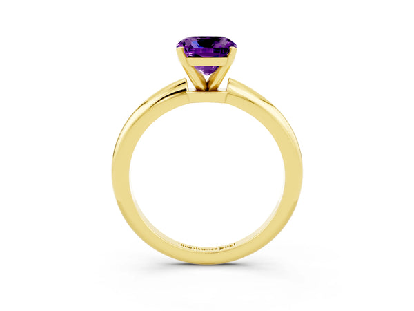 Yellow gold Cushion Cut Amethyst Solitaire Ring with Six-Prong Setting and Classic Band