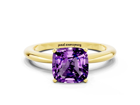 Yellow gold Cushion Cut Amethyst Solitaire Ring with Six-Prong Setting and Classic Band