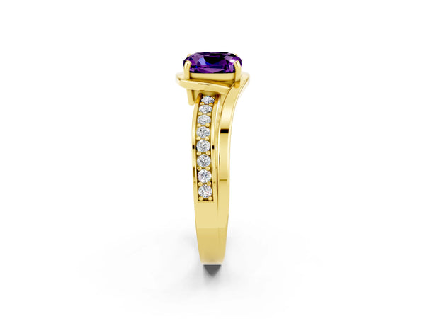 Yellow gold Cushion Cut Amethyst Solitaire Ring with Split Shank and Prong Setting